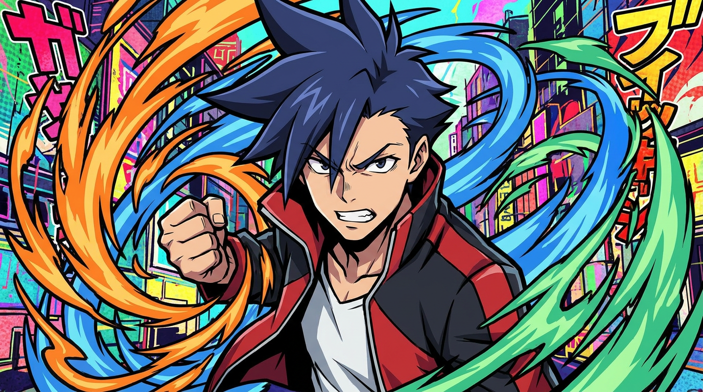AI anime filter result showing a man as a shonen action anime hero with spiky dynamic hair and bold cel-shaded lighting