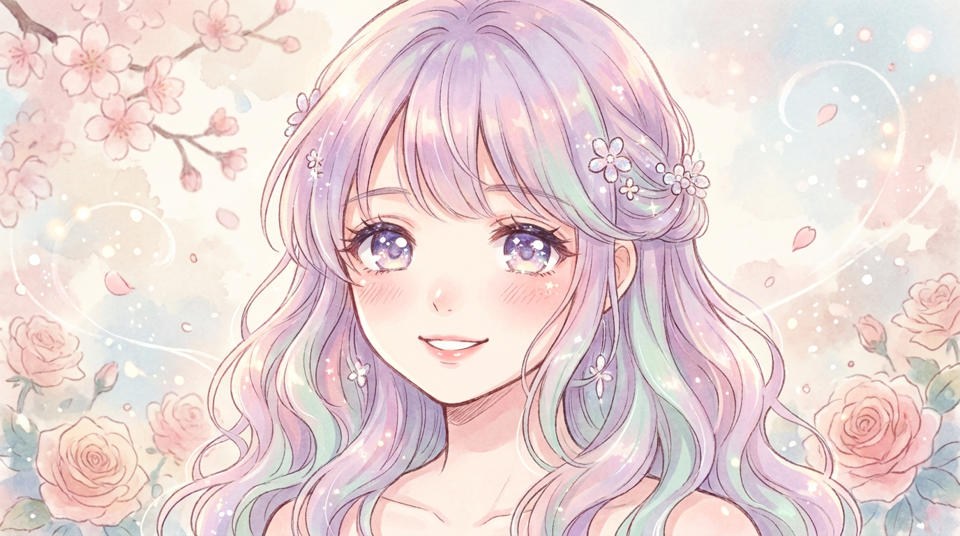 AI anime filter result showing a girl in soft shoujo anime style with sparkling eyes and a dreamy floral background