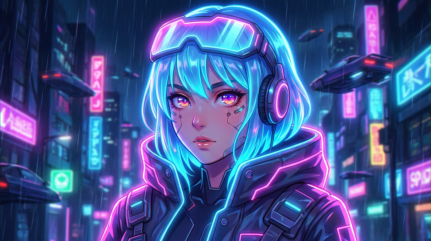 AI anime filter result showing a person as a cyberpunk anime character with neon pink and blue rim lighting in a futuristic city