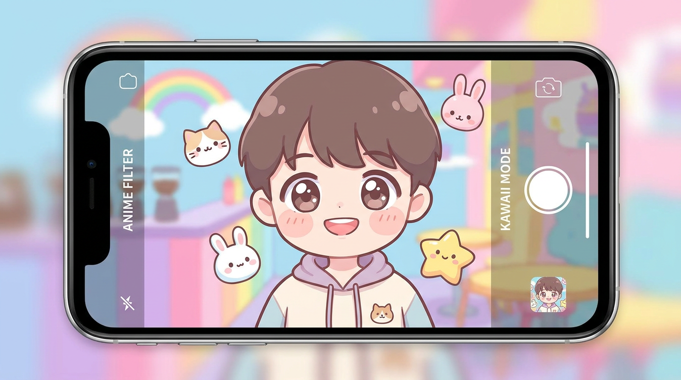AI anime filter result showing a smiling person in cute chibi anime style with an oversized head and big shiny eyes