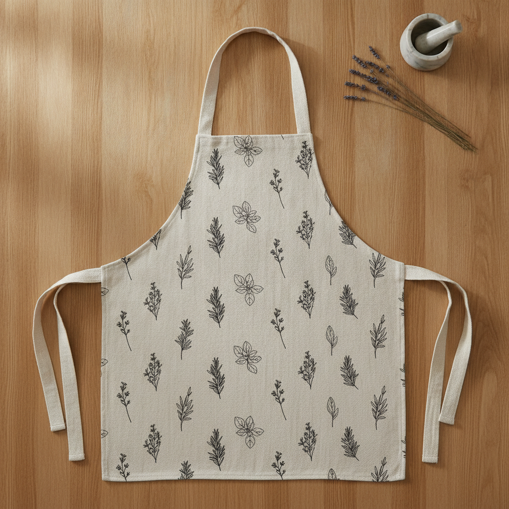 AI apron design generator result: a natural cotton kitchen apron printed with a minimal black botanical line-art pattern of herbs and leaves, laid flat on a light oak counter