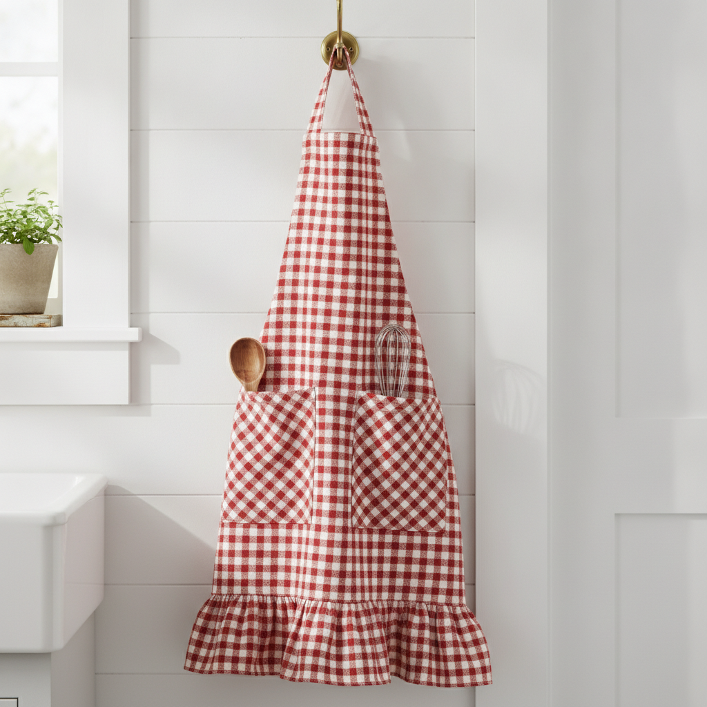 Farmhouse gingham apron design made with AI: a red and white checkered bib apron hanging on a brass hook against a white kitchen wall