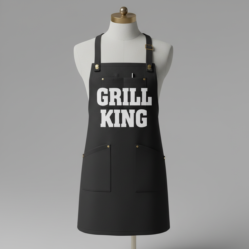 BBQ slogan apron design from the AI apron design generator: a black canvas grill apron with bold white sans serif lettering across the chest panel, shown on a plain mannequin
