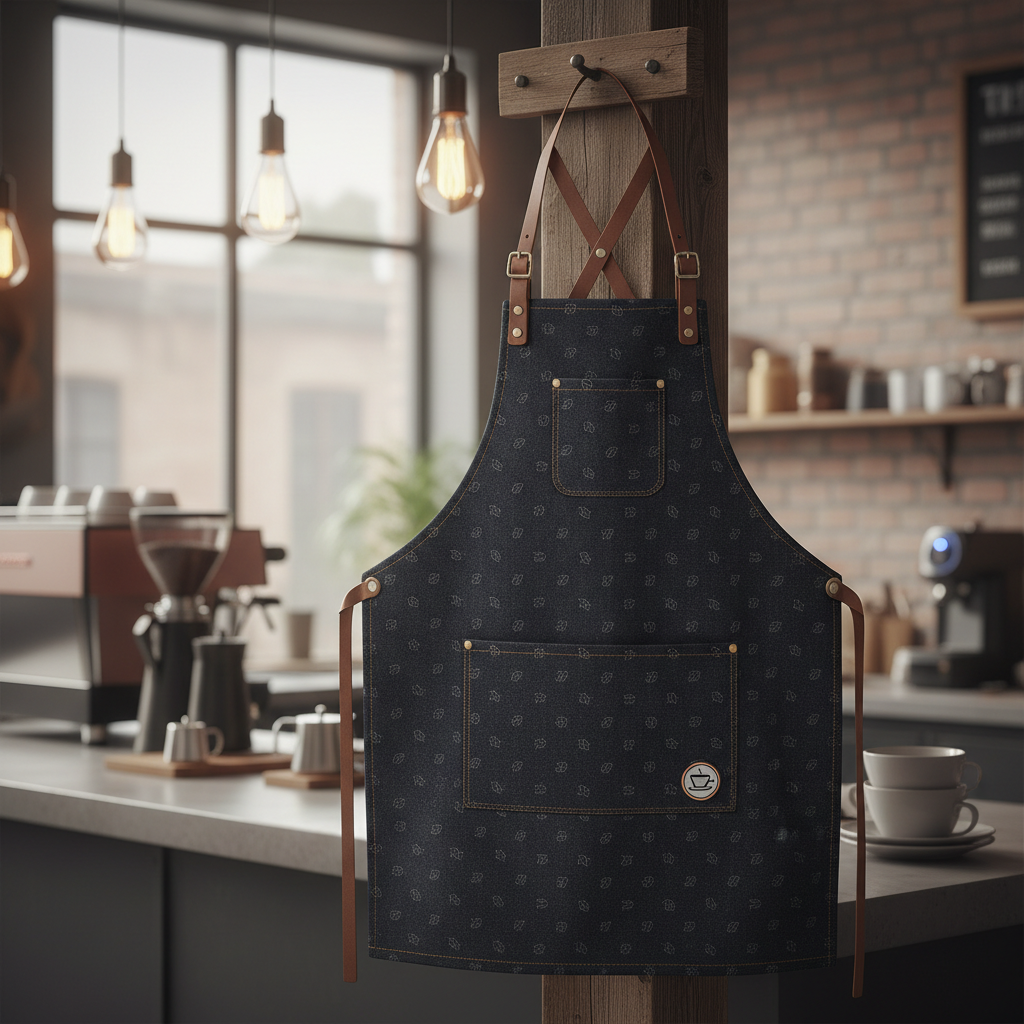 Barista denim apron design made with AI: a dark denim cross-back apron with leather neck straps and a small embroidered coffee bean pattern, hanging in a modern cafe