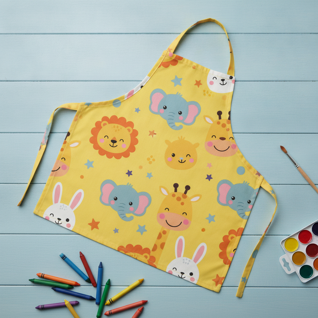 Kids craft apron design from the AI apron design generator: a bright yellow child-sized apron with a cheerful cartoon animal print, flat lay on a pastel table with crayons