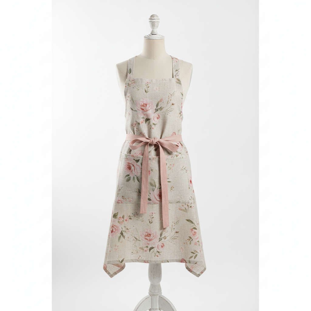 Watercolour floral apron design made with AI: a linen chef apron with a soft blush pink and sage green floral pattern, shown on a dress form against a white studio background