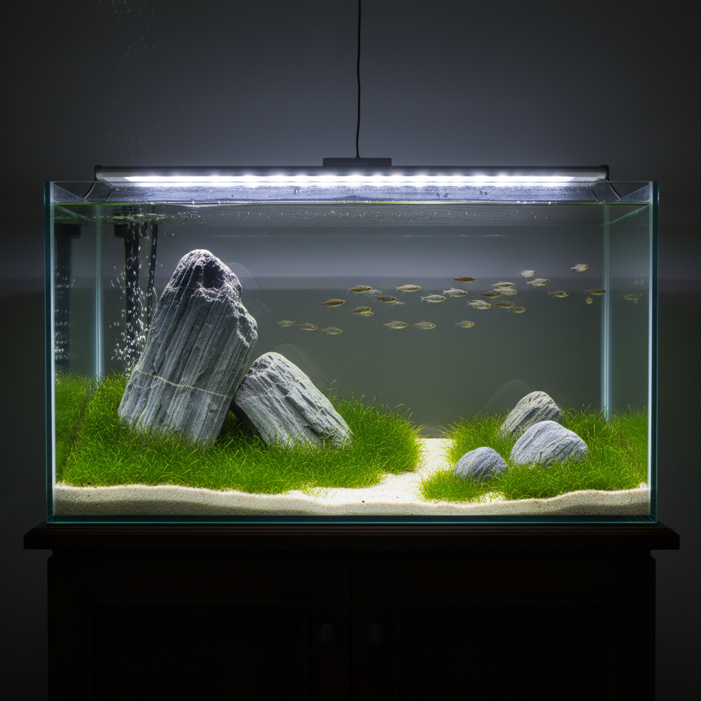 AI aquarium design generator result: a 90cm Iwagumi planted aquarium on a dark wooden cabinet, with a tall upright grey stone left of centre, a shorter stone leaning against it, three smaller stones low on the right, a bright green hairgrass carpet broken by a pale sand path, a fine bubble stream rising on the left and a loose school of small silver fish in the upper open water.