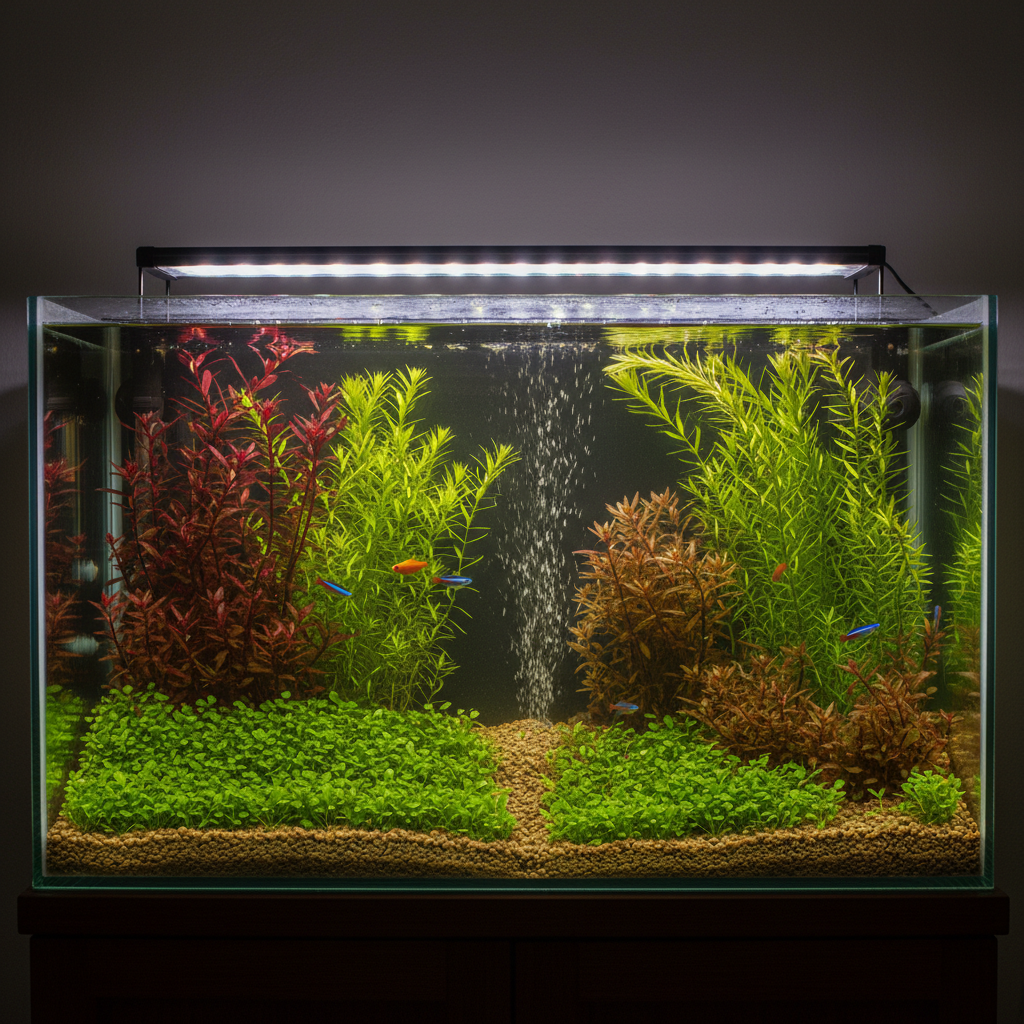 AI aquarium design generator result: a 120cm Dutch-style planted aquarium with no hardscape, showing streets of colour from left to right — deep wine-red stem plants, bright lime-green stems, two bushy bronze-brown groups and a stand of tall narrow-leaved green plants — above a carpet of small round-leaved green plants, with a few neon tetras in the gaps between the plant groups.