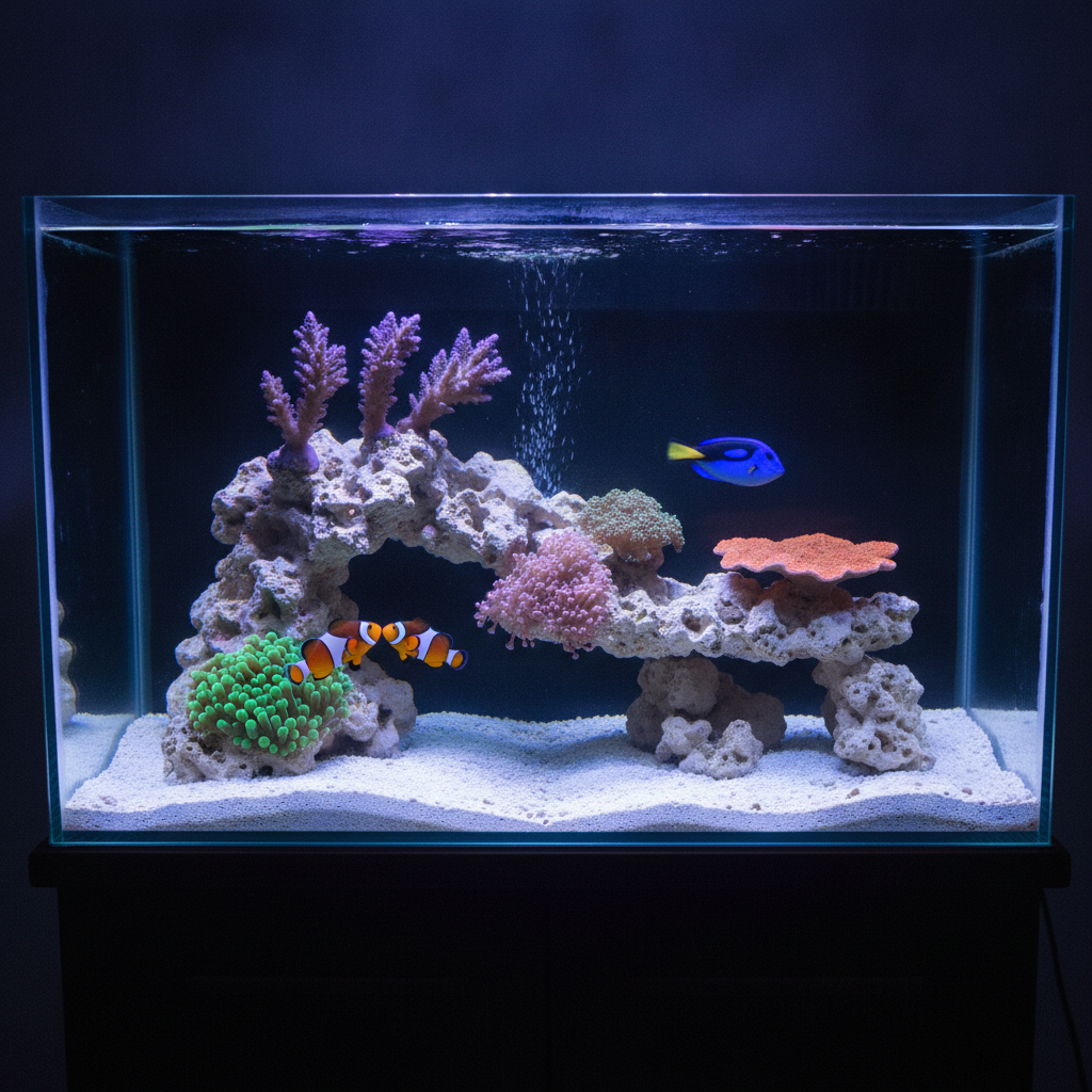 AI aquarium design generator result: a 60cm marine reef aquarium under blue-white light, with a pale rock arch on the left carrying purple-tipped branching stony corals, a green bubble-tip anemone low beneath it, a large pink soft coral in the centre, an orange plate coral on the right shelf, white coral sand below, two clownfish beside the anemone and a blue tang crossing the open water.
