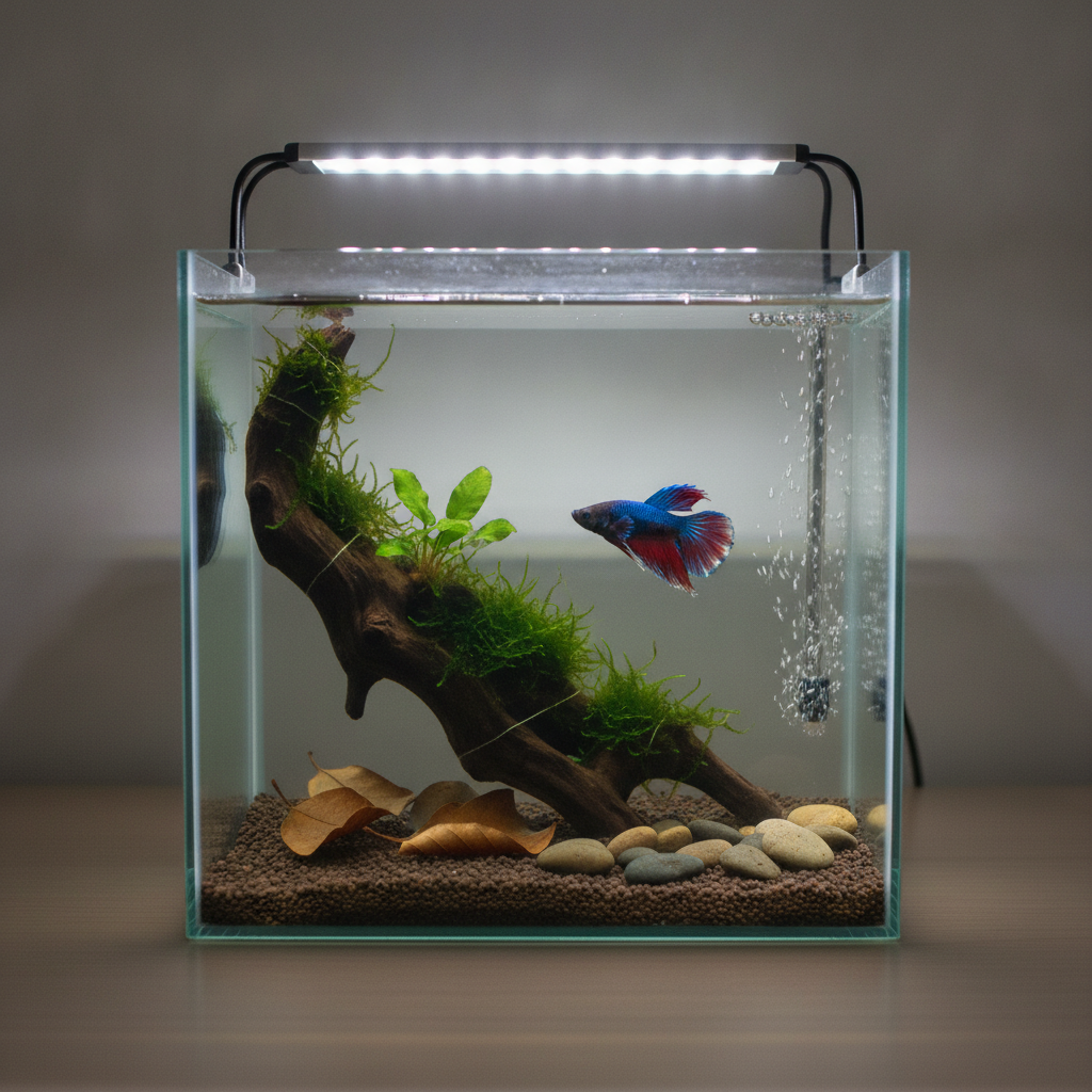 AI aquarium design generator result: a 20cm nano cube aquarium on a pale wooden desk under a slim clip-on lamp, with one dark driftwood branch running diagonally from the back left down to the front right, clumps of green moss tied along it, a small leafy plant in its crook, three dried brown leaves and a row of smooth pebbles on brown granular substrate, and a single red and blue betta with long flowing fins in the middle of the water.