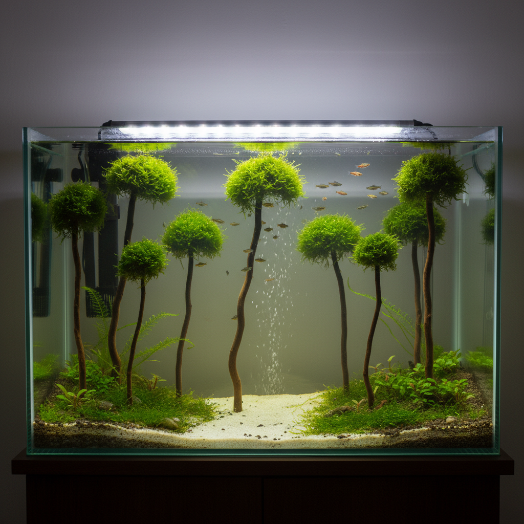 AI aquarium design generator result: a 90cm planted aquarium aquascaped as a miniature forest, with around ten slim dark driftwood trunks standing upright in the substrate, each topped with a dense rounded crown of bright green moss at a different height, a low green carpet either side and a pale sand clearing winding through the middle, with a shoal of tiny fish above the canopy.