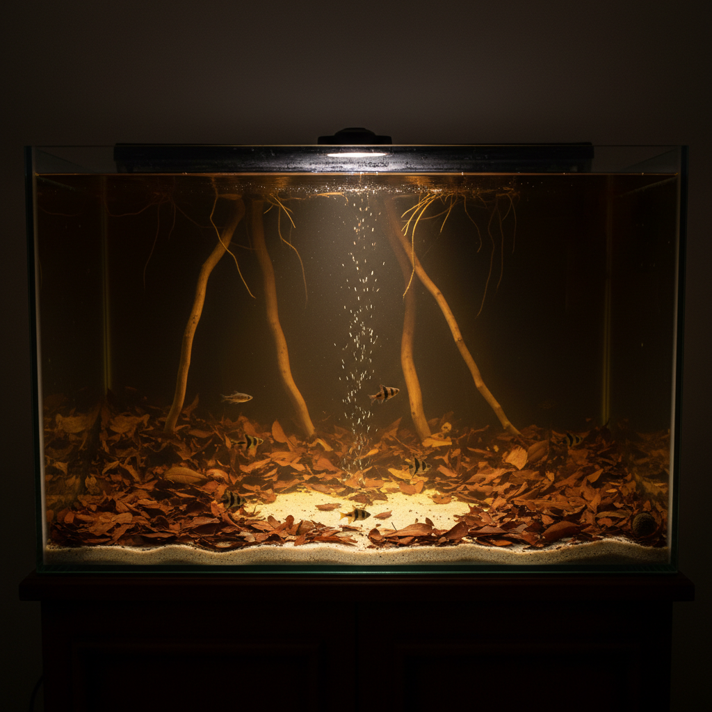 AI aquarium design generator result: a 100cm blackwater biotope aquarium in a dim room, the water stained a clear warm tea-brown, with a thick layer of fallen brown and copper leaves covering pale sand, thin pale branches and hanging roots reaching down from the surface, a single pool of warm light on the leaf litter in the front centre and a small group of dark barred fish resting low among the leaves.