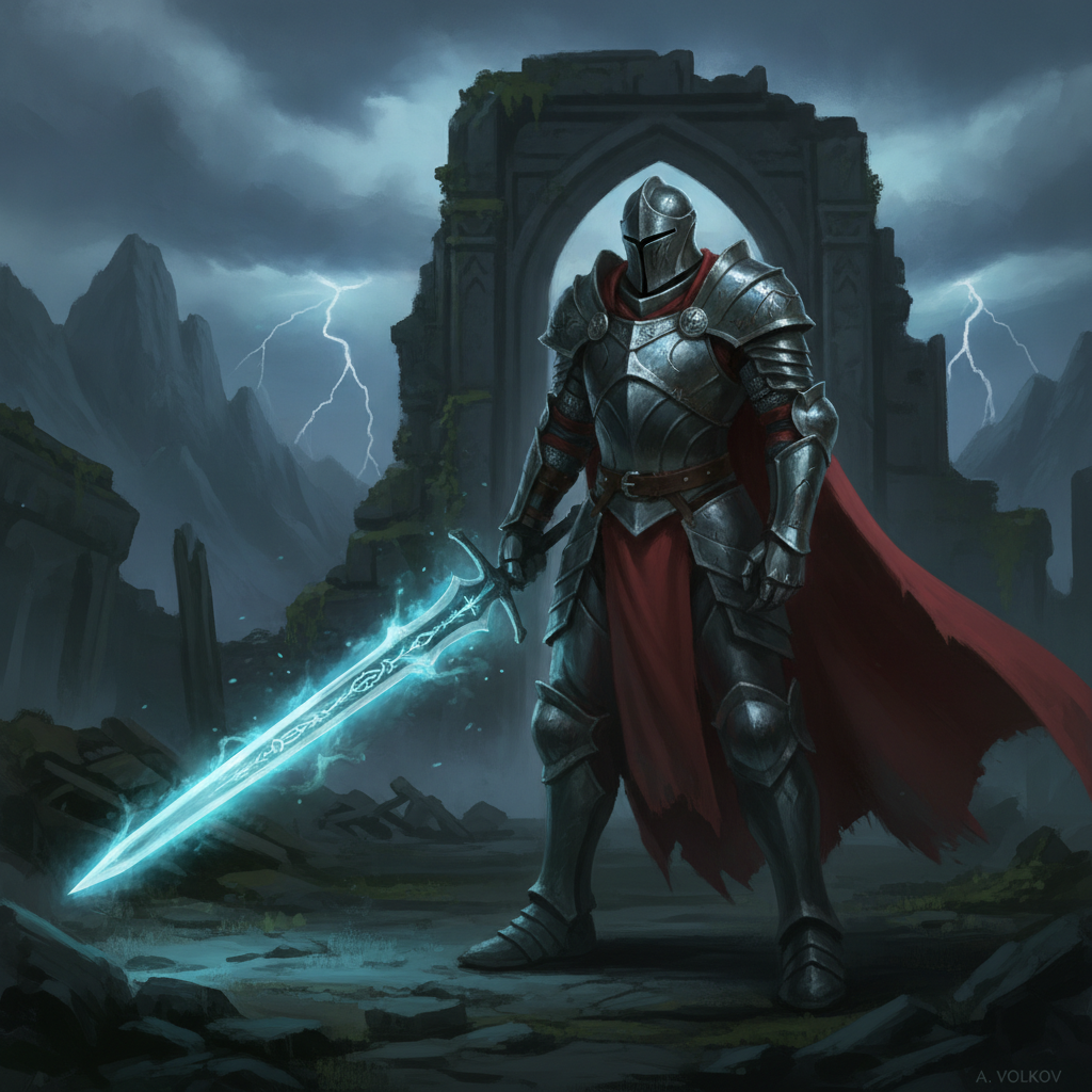 AI art for game design showing a fantasy RPG armored knight hero character concept holding a glowing sword, rendered as a detailed digital game illustration