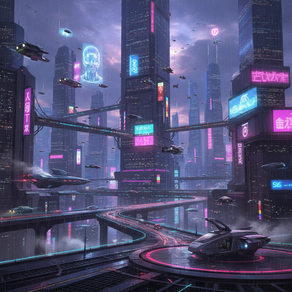 AI art for game design showing a sci-fi cyberpunk game environment concept of a futuristic neon city with flying vehicles, atmospheric level design
