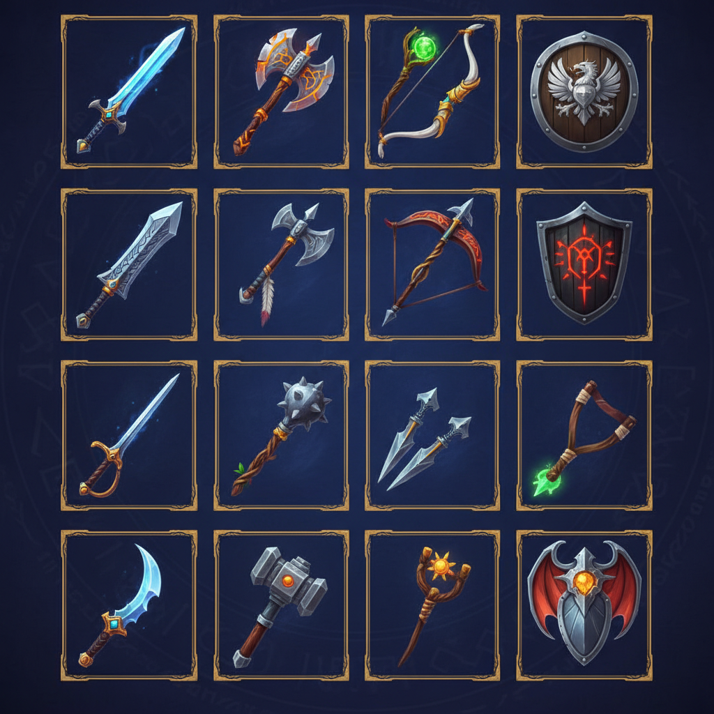 AI art for game design showing a sheet of fantasy game weapons and shields — swords, axes, and staves — as clean game item icons