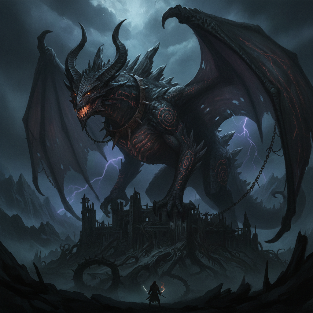 AI art for game design showing a dark fantasy boss monster concept — a massive dragon creature in an epic, dramatic game illustration