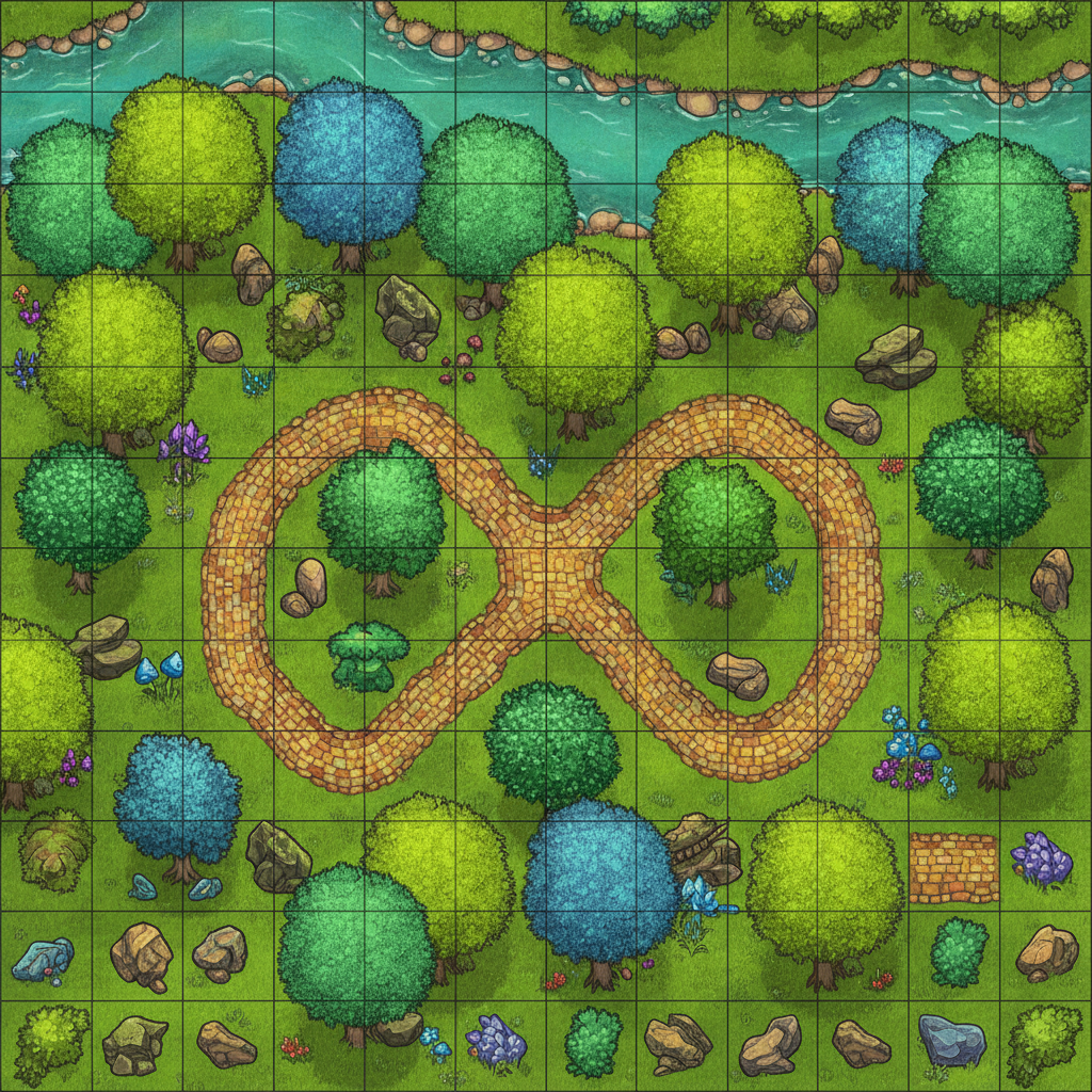 AI art for game design showing a top-down 2D game tileset of a lush forest map with trees, rocks, and paths in vibrant colorful level art