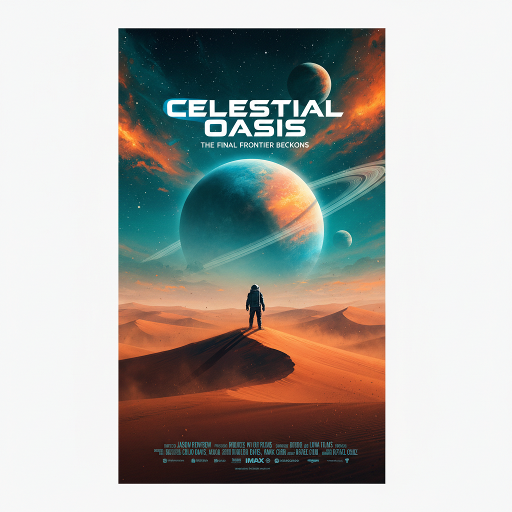 AI art for movie posters hero — cinematic sci-fi blockbuster film poster with a lone astronaut silhouette on a red Martian dune at twilight, towering ringed planet rising on the horizon, dramatic teal and orange sky, IMAX poster aesthetic