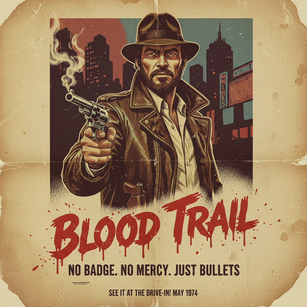 AI art for movie posters — vintage 1970s grindhouse exploitation film poster with a hand-painted leather-jacket detective holding a smoking revolver, dripping red blood splatter title typography, faded yellow and burnt orange palette, weathered drive-in cinema aesthetic