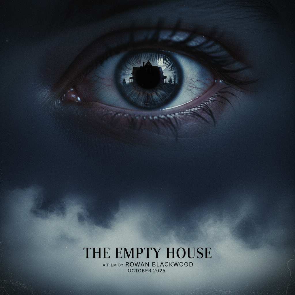 AI art for movie posters — psychological horror film poster with extreme close-up of a single haunted eye reflecting a Victorian mansion silhouette, dark navy and crimson palette, deep negative space, eerie A24 indie horror minimalist aesthetic