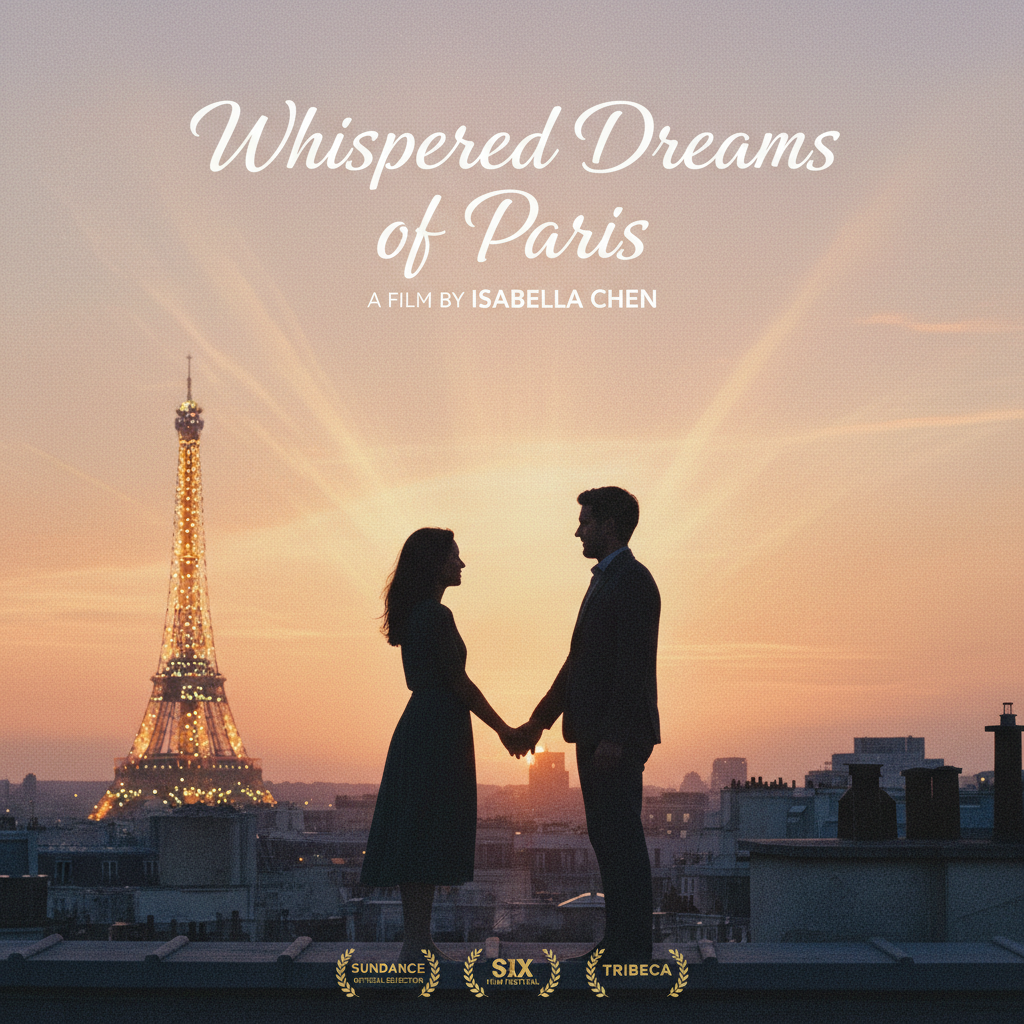 AI art for movie posters — romantic indie drama film poster with two silhouetted figures holding hands on a Parisian rooftop at golden hour sunset, warm peach and lavender sky, twinkling Eiffel Tower lights, Sundance indie film festival aesthetic