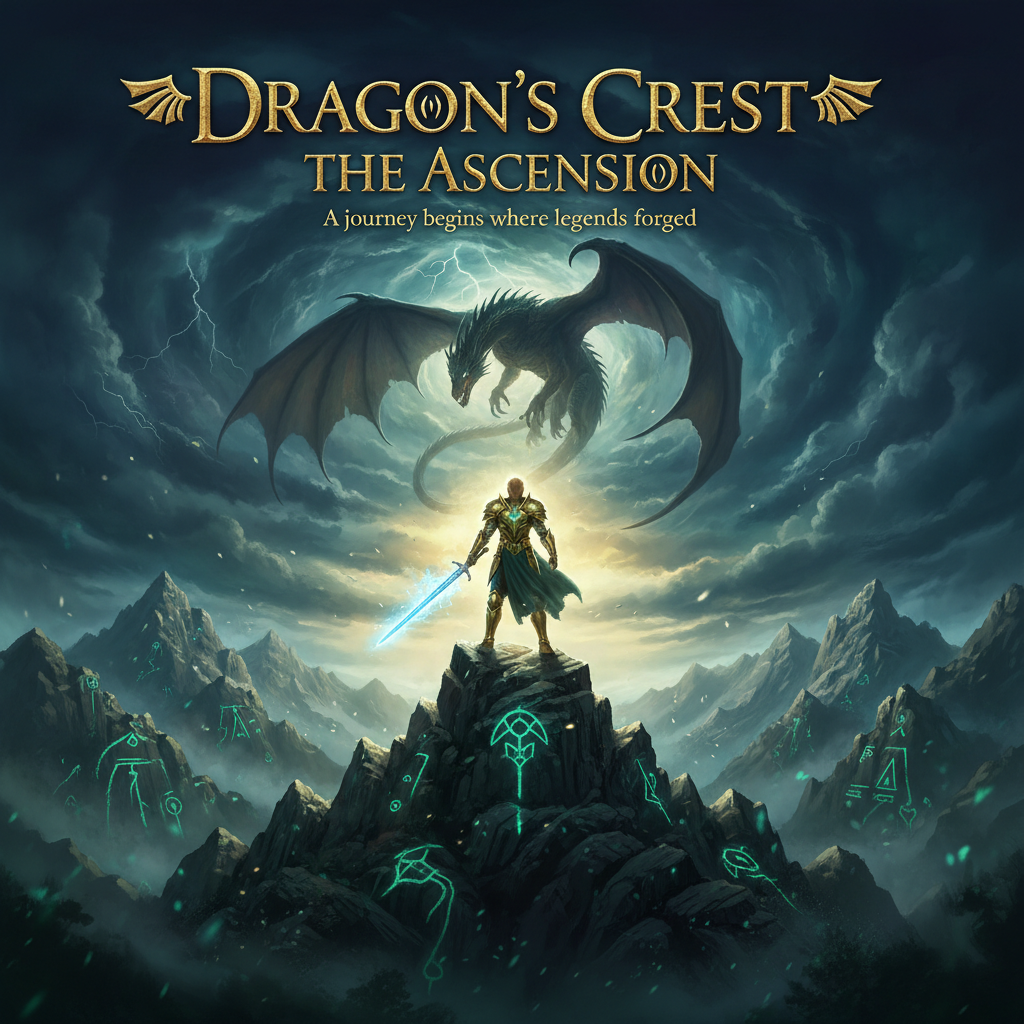 AI art for movie posters — epic fantasy adventure film poster with a hero warrior in glowing armor wielding a luminous sword on a mountain peak, dragon silhouette circling stormy clouds, deep emerald and gold palette, Lord of the Rings cinematic aesthetic