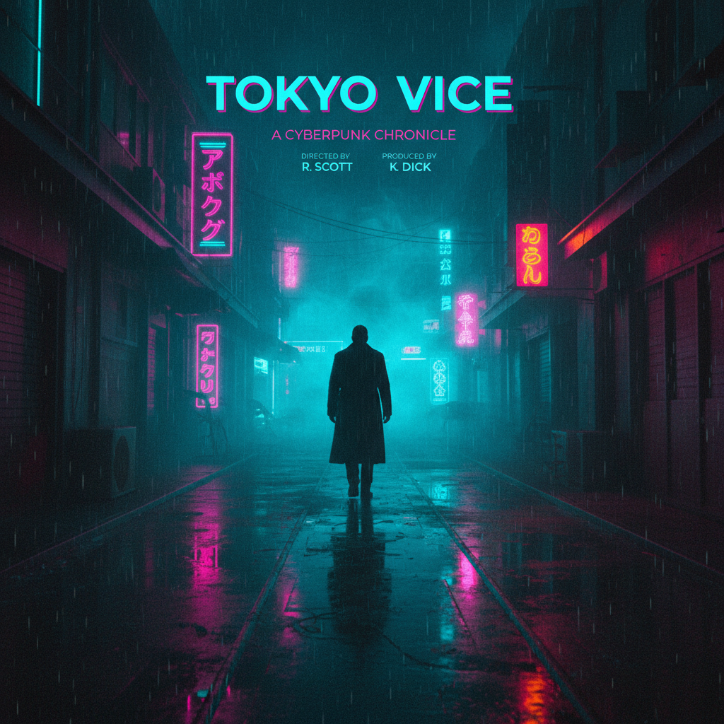 AI art for movie posters — neo-noir crime thriller film poster with rain-soaked Tokyo back alley at midnight, neon kanji signs reflecting in puddles, lone trench-coated figure walking into haze, deep cyan and magenta Blade Runner cyberpunk aesthetic