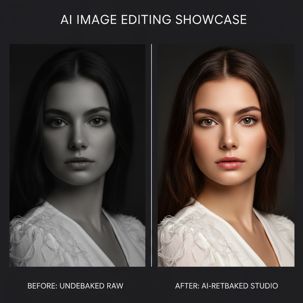 Before and after AI-assisted image editing — a dull portrait retouched to studio quality