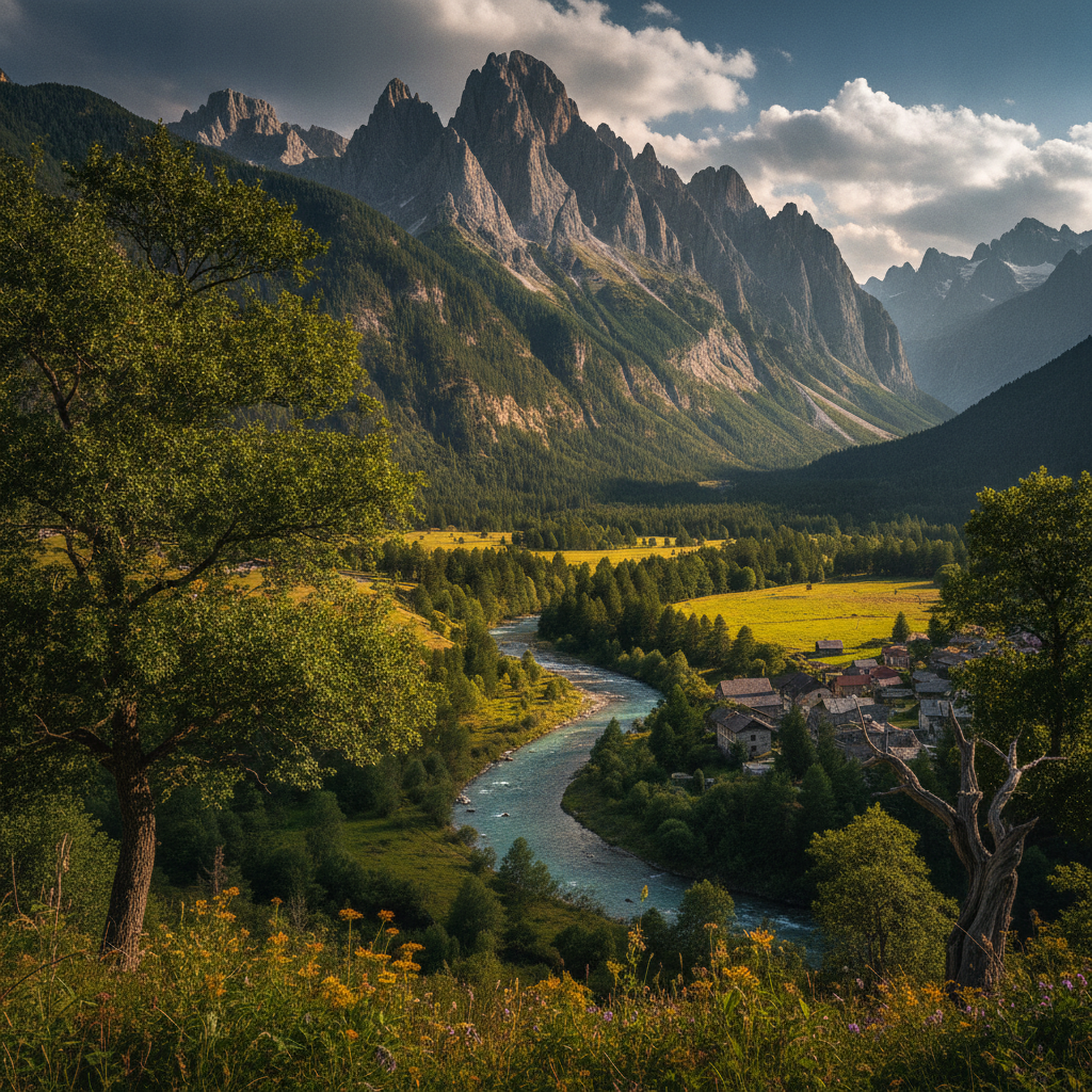 AI photo enhancement of a landscape with vivid color grading and improved sharpness