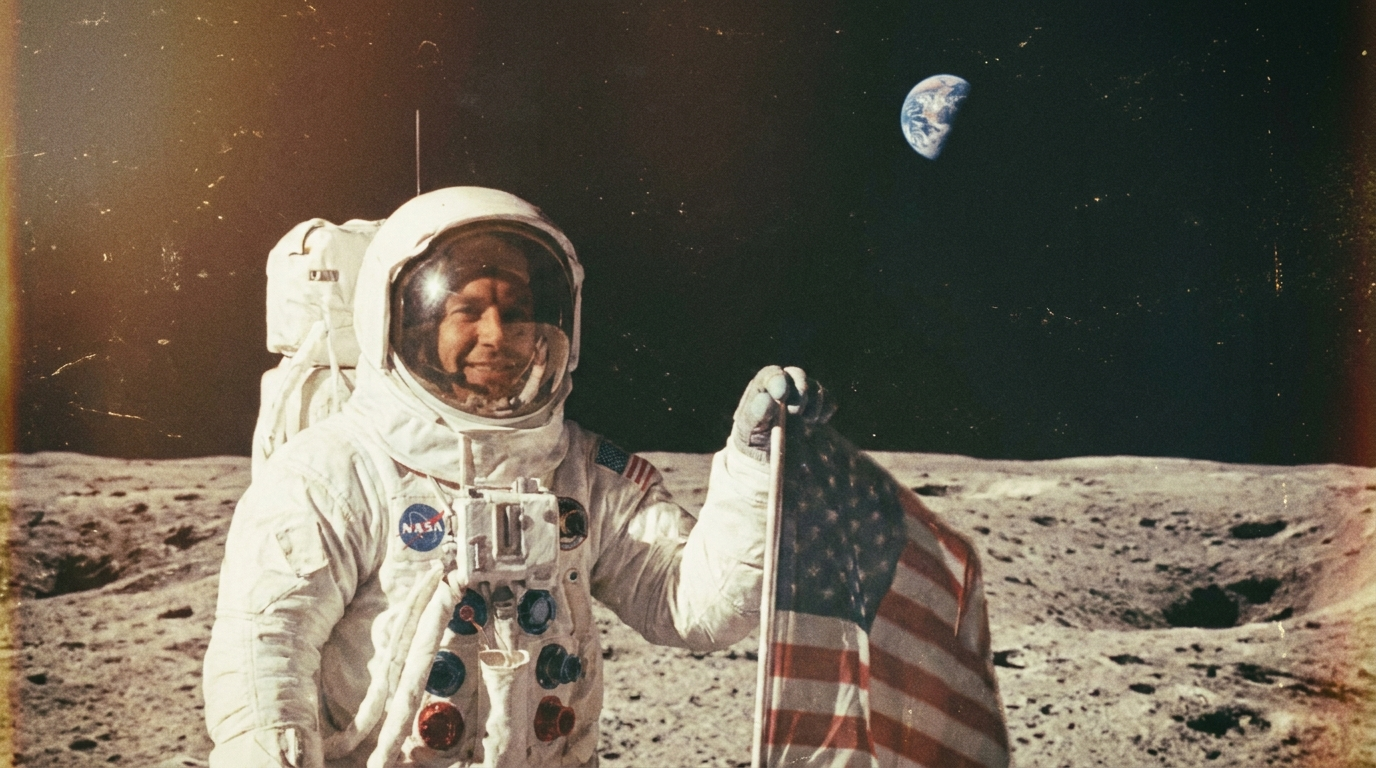 Retro 1960s Apollo-era astronaut on the lunar surface with Earth in the sky created with the AI astronaut generator