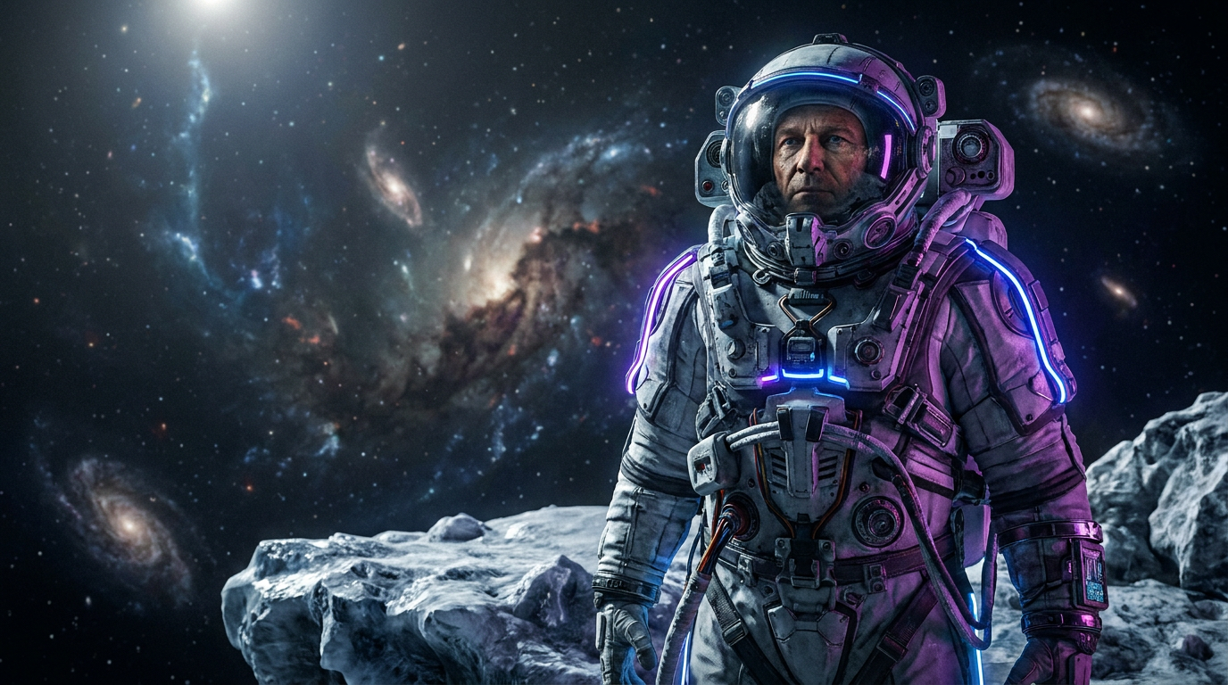 Futuristic sci-fi space explorer in glowing armored spacesuit generated on a photo with the AI astronaut generator