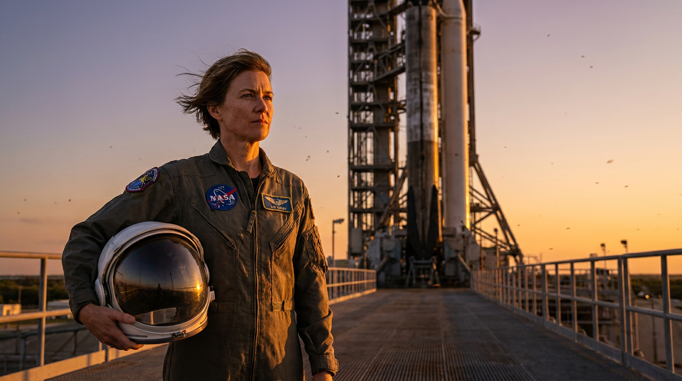 Confident female astronaut holding a helmet in front of a rocket created with the AI astronaut generator