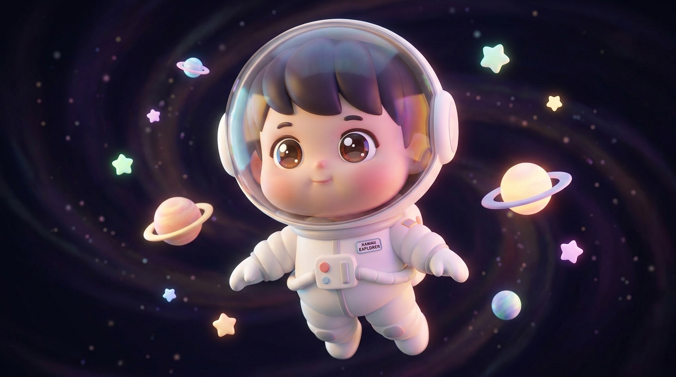 Cute chibi cartoon astronaut floating among stars and planets made with the AI astronaut generator