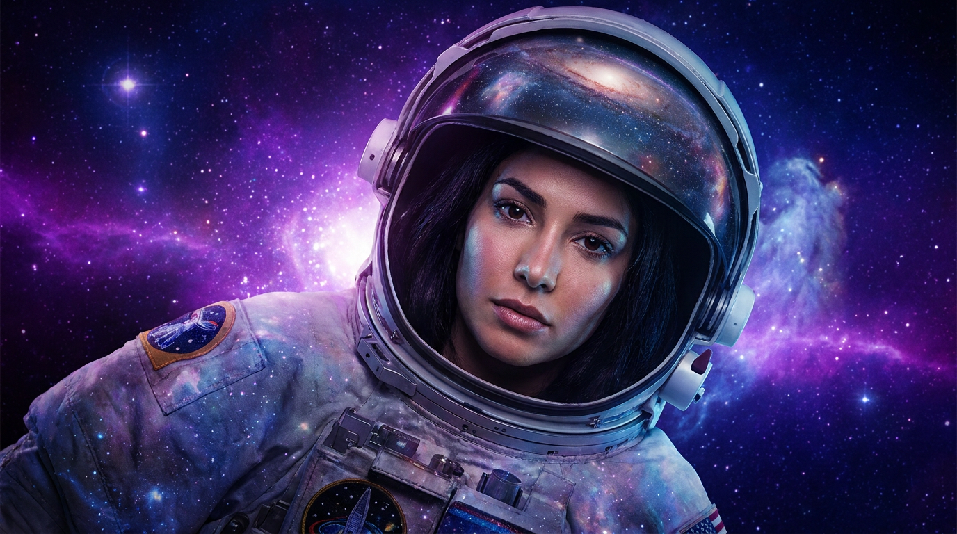 Epic cosmic astronaut floating in a purple and blue nebula created with the AI astronaut generator