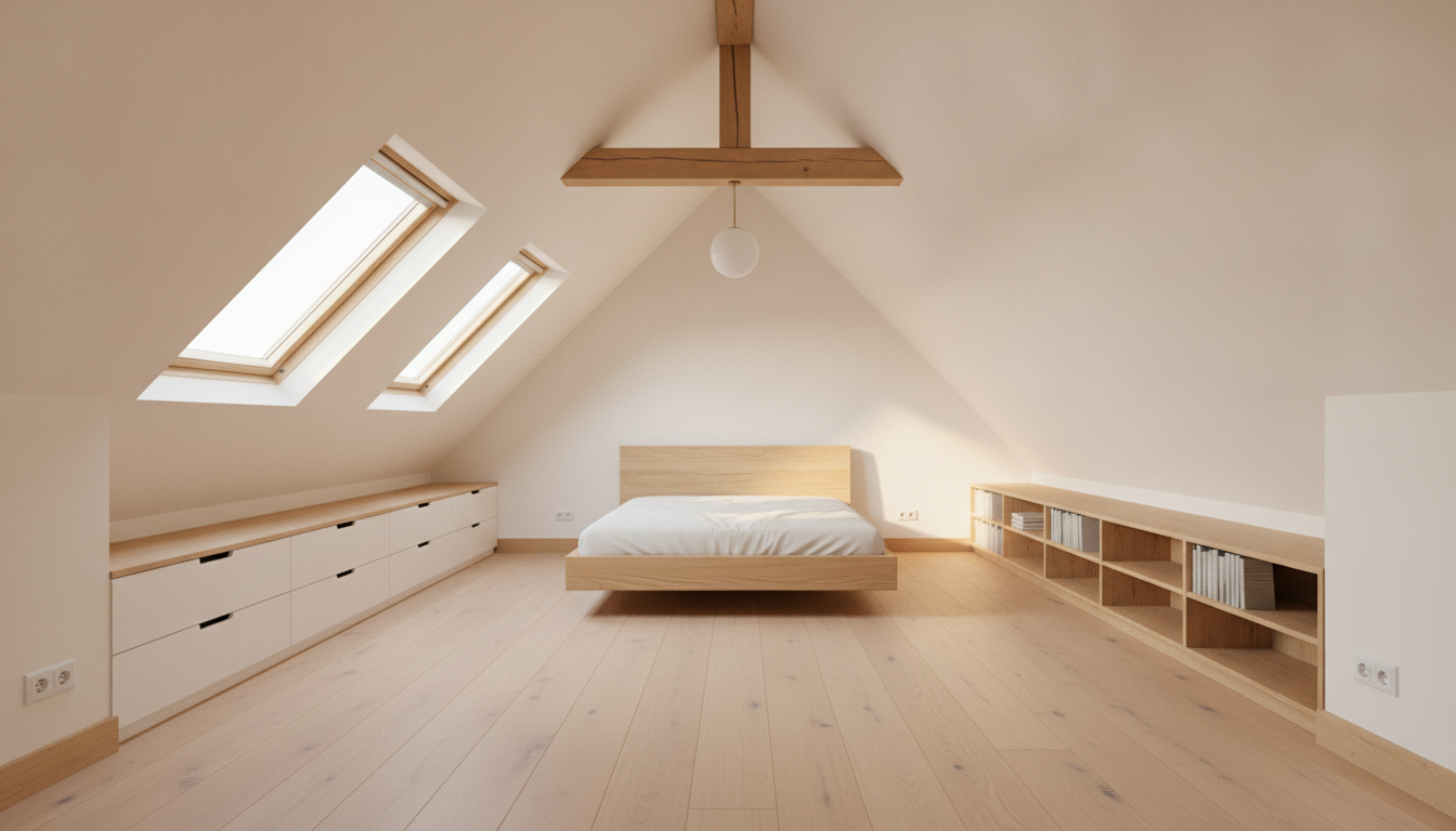 AI attic design generator result: a finished attic bedroom seen from the low end, with the ceiling following the rafter line down to knee walls on both sides, two roof windows in the left slope, a low bed under the ridge against the gable, white drawer units built into the left knee wall and an open bookshelf run along the right. The light is the reason this one sells the idea. Daylight comes down the slope and lands on the floor exactly where a roof window would put it, the oak boards have real grain and the plaster has the soft fall-off you get in a room with no vertical windows. Then the roof stops behaving. The two roof windows were asked for as a matching pair at the same height in the same slope, and they came back different sizes at different heights, the far one smaller and set higher. The gable triangle behind the bed is noticeably steeper than the ceiling slopes running toward it, so the roof pitch changes down the length of the room. The timber above is a tie beam and struts flattened against the gable wall rather than a collar tie spanning a pair of rafters, so it holds nothing, and the only light in the whole room is the single bulb hanging off it. The bed has no pillows and no bedding. And there is no door, no stair and no opening of any kind anywhere in the frame, so nothing in this picture can be entered. In its favour, and unusually, the receptacles are actually drawn.