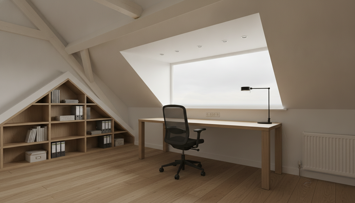 AI attic design generator result: an attic home office, with a long pale desk and a black mesh task chair set under a wide dormer opening, triangular built-in shelving against the left knee wall, painted rafters crossing the ceiling at the top left, a panel radiator on the right wall and engineered timber flooring. As a picture of working under a roof it is close to perfect, and as a description of a dormer it is fiction. A flat-roofed dormer is a box that projects out of the roof plane with two cheeks, a front wall and its own flat roof. What is drawn here is a huge splayed funnel cut back into the slope, ending in a sheet of blank white with no sky, no horizon and no frame around three of its four sides. The downlights sit inside that splay rather than in the flat centre of the ceiling as asked, five of them in two rows of unequal count at drifting spacing. The shelving is built into a gable-shaped recess with a peak in the middle of a wall that slopes only one way, so the cutout answers to no roof above it, and the cubby dividers do not line up from one row to the next. The rafters appear in exactly one bay at the top left and nowhere else, when rafters repeat every sixteen to twenty-four inches across a whole roof. The radiator has a valve stub that reaches the floor and turns into a loose white cord looping across the boards, connected to nothing at either end. There is a bank of three sockets above the desk, which is more electrical honesty than most renders manage.