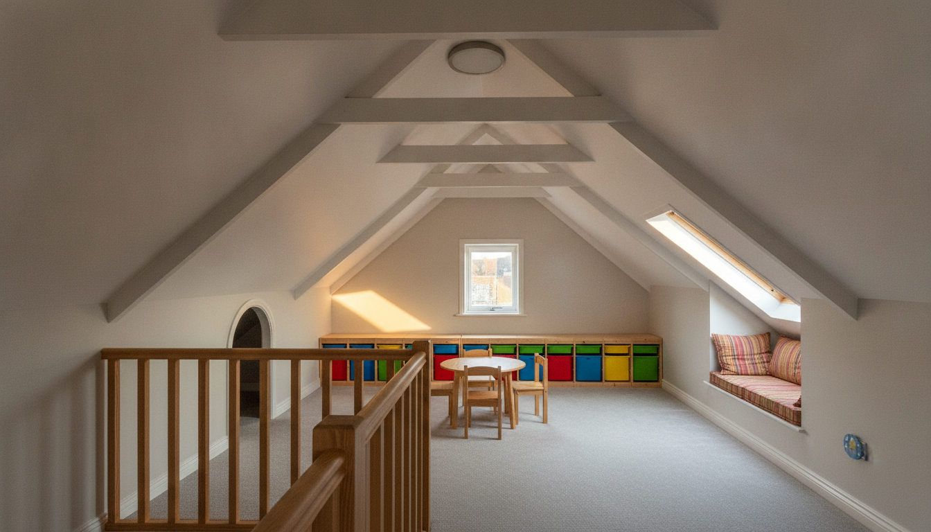 AI attic design generator result: an attic playroom, seen from behind a timber balustrade at the stair opening, with a run of primary-coloured storage bins along the right knee wall, a small round table and two child-height chairs under the ridge, a cushioned reading nook under a roof window on the right, a small window in the far gable and painted collar ties crossing overhead. This is the most charming image in the set and the most structurally confused. Four collar-tie assemblies cross the room and no two are alike: the nearest is a plain deep beam, the next carries a collar, the third adds a small king-post triangle, the fourth is different again, and the spacing between them widens and narrows across the frame. The arched opening cut into the left knee wall leads to what should be a cold triangular eaves void and instead opens onto a lit, level, full-height corridor, with no door, hatch or frame to close it. The bin run steps up in height halfway along and its bays change width, so the near cubbies and the far cubbies belong to two different units. The only light in a room this size is one drum fitting screwed flat to the sloping ceiling, which means it hangs at an angle. The gable window is far too small to be an escape opening for a room children would use. And the balustrade guards a hole with no stair under it: the handrail dies into the wall, the newel stands in the middle of the opening, and one section has two spindles where the rest have eight.