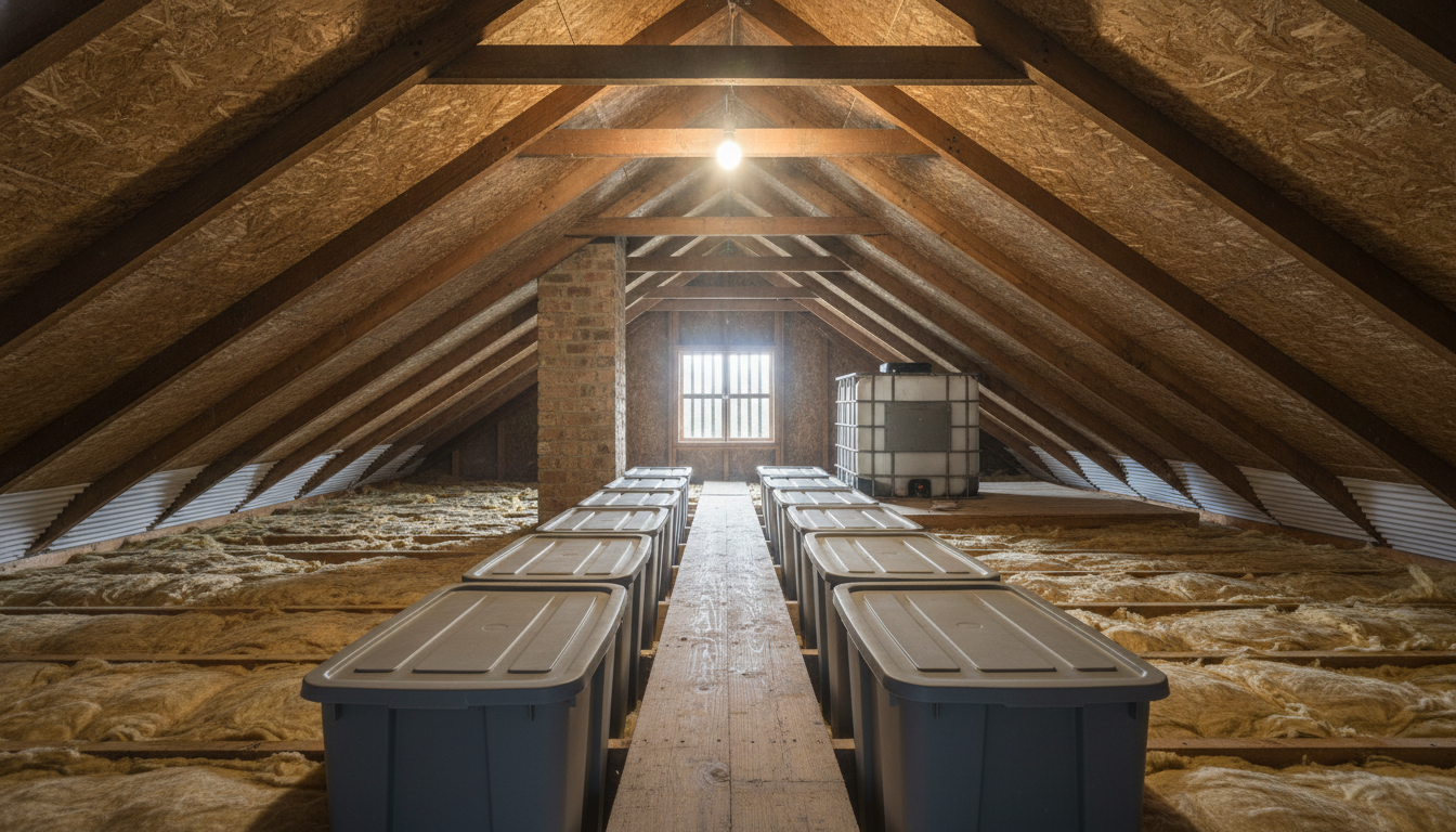 AI attic design generator result: an unconverted loft used for storage, looking down the length of the roof from the hatch, with bare rafters and purlins overhead, a boarded walkway down the centre carrying grey lidded bins, mineral wool laid between the ceiling joists on both sides, a masonry chimney passing through, a water tank at the far end and a bare bulb hanging at the ridge. This is the most convincing frame of the six and the most useful, because a bare loft is mostly texture and image models are outstanding at texture. The wool has the right coarse fibrous slump, the board underside reads as board, the dust in the light is right. The mistakes are all in the things that keep a roof dry. The white ribbed panels at the eaves are standing across the rafter bays like corrugated sheet instead of holding a clear air path open above the insulation, and in places the wool is heaped straight over them, which is precisely the blockage a baffle exists to prevent. The insulation depth varies from thin and flat to piled, and it stops short of the eaves on both sides leaving the coldest strip of the ceiling bare. The walkway is one plank wide at the camera and three at the far end, and half of every bin overhangs it onto the wool, resting on nothing. The tank has no pipe running to it or from it. The bulb hangs from a cord that reaches the ridge and then no cable runs anywhere, no switch, no clips, no junction box. The gable vent came back as a glazed window with a green field behind it.