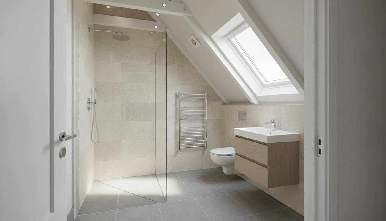 AI attic design generator result: a compact attic ensuite, with a walk-in shower behind a frameless glass panel on the left, a chrome heated towel rail, a wall-hung toilet, a wall-hung timber vanity with a white basin, large grey floor tiles and a roof window set into the slope above. The roof window is the best-drawn component on this page — proper frame, proper reveal, the sash sitting in the plane of the slope the way a real one does. Everything else quietly reverses the one decision an attic bathroom exists to make. The shower was asked for against the tall gable wall where a person can stand up, and it has been put at the low end under the slope, with a boxed soffit dropping in front of the rain head. The tray has a crease running diagonally across it and no drain at all, no linear channel, no grate, nowhere for the water to go, and the floor outside it is dead level. The glass is a single free-standing pane with no stabiliser bar at the top and no channel visible at its outer edge. The flush plate sits well off the toilet centreline. The tile courses on the shower wall are a different size from the courses behind the toilet. Along the slope there are five or six ceiling points at three different sizes and inconsistent spacing, one of which is the extractor, mounted on the slope with no duct. And the doorway carries a leaf with a handle on the left and a jamb with hinge mortices on the right, which cannot both be true of one door.