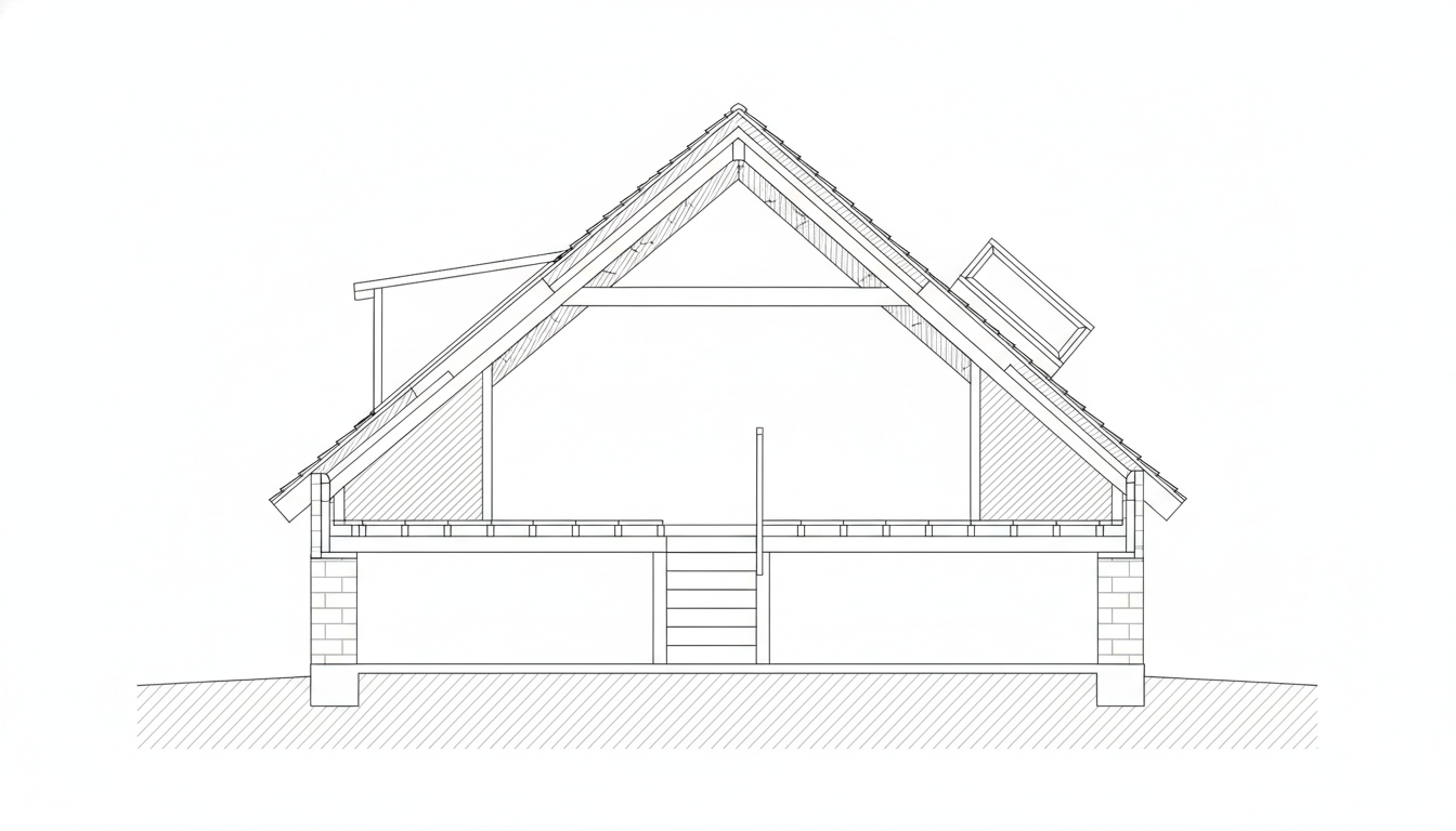 AI attic design generator result: a line-drawn cross-section through a house showing the two roof slopes meeting at a ridge, tiled roof build-up hatched on both slopes, a floor of joists over the storey below, two vertical partitions rising into the roof space, a flat-roofed dormer on the left slope and a roof window on the right, over a hatched ground line. It is a genuinely clean orthographic drawing, symmetrical, correctly flat, and completely free of text — and almost every element that was asked for is missing or wrong. There is a stair, but it is in the storey below and it runs up to the underside of the attic floor, where the joists carry straight over the top of it: the flight arrives at a solid ceiling because nobody trimmed an opening. The vertical line rising in the middle of the attic is a handrail with no stair attached to it. The knee walls asked for are full-height partitions instead, and the eaves voids behind them are hatched solid rather than left as voids. There is no collar tie; instead one horizontal member spans the entire room width unsupported. There is no ventilation gap above the insulation, no eaves baffle, no vented ridge, no wall plate where the rafters land on the masonry, and no footing wider than the wall it carries. The dormer is the clearest tell: its front face is open, its roof floats on a single line, and the main rafters run straight past behind it, so it projects from the roof without making a hole in it. The roof window sits on top of the tiles like a box rather than trimmed into the slope. Read it as a diagram of a roof, not as a detail of one.