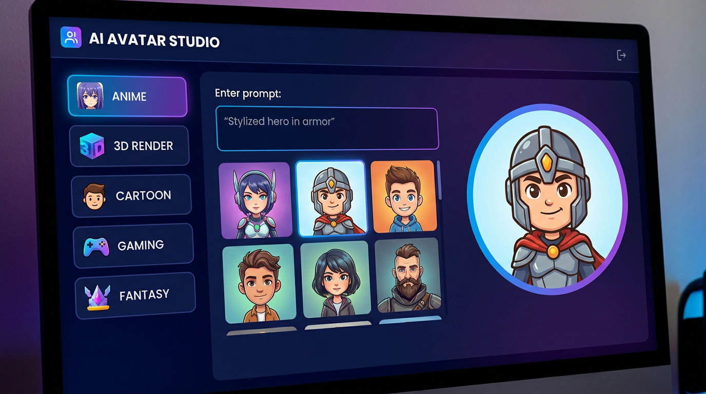 AI avatar generator interface in a dark dashboard creating a stylized profile avatar from a text prompt, with a style picker sidebar offering anime, 3D, cartoon, gaming and fantasy options, a grid of avatar variations and a large circular preview of a finished cartoon avatar