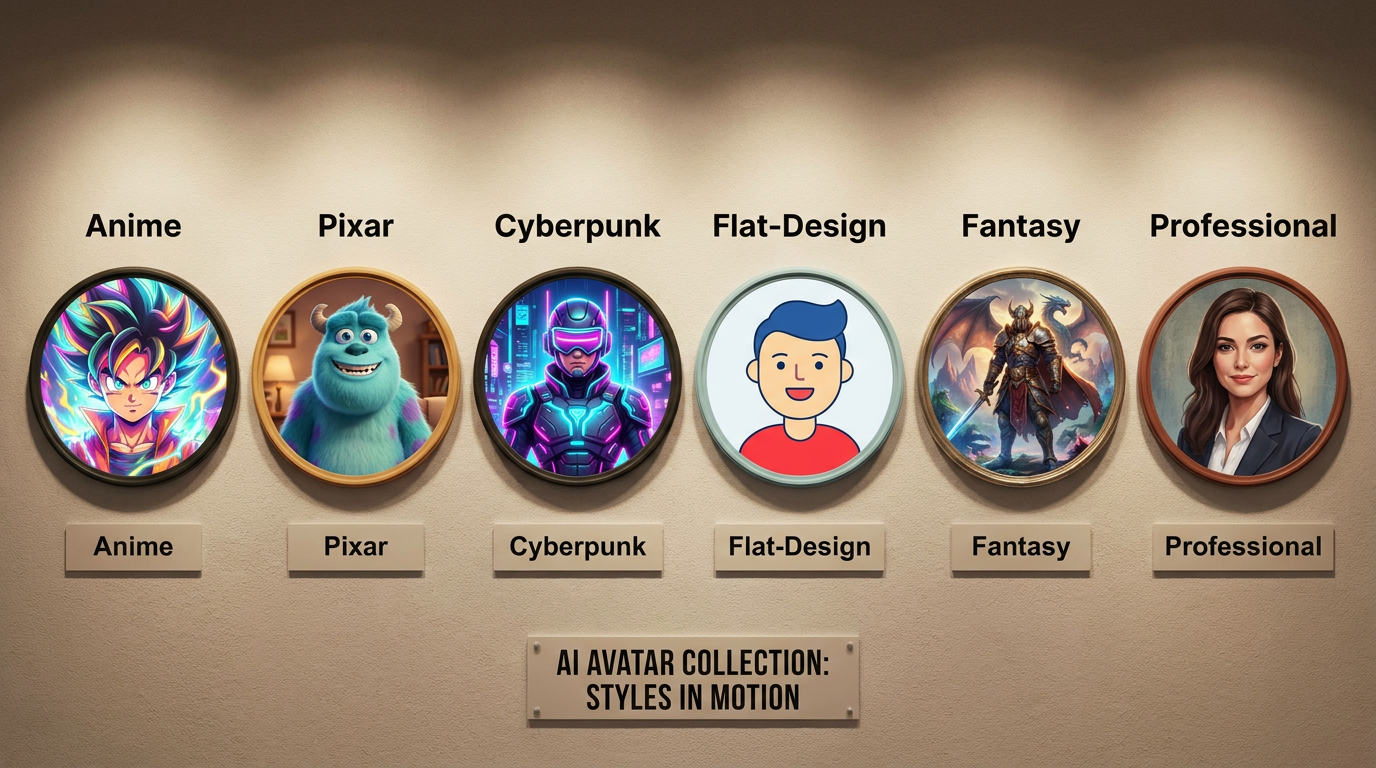 Gallery wall displaying six different AI-generated profile avatars side by side — a vibrant anime avatar, a friendly 3D Pixar-style avatar, a neon cyberpunk gaming avatar, a clean flat-design cartoon avatar, an epic fantasy warrior avatar and a polished professional illustrated avatar