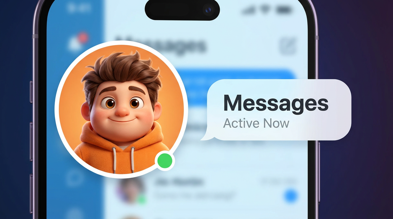 A friendly 3D Pixar-style character avatar with soft studio lighting and a warm smile, shown as a chat app profile picture inside a phone mockup