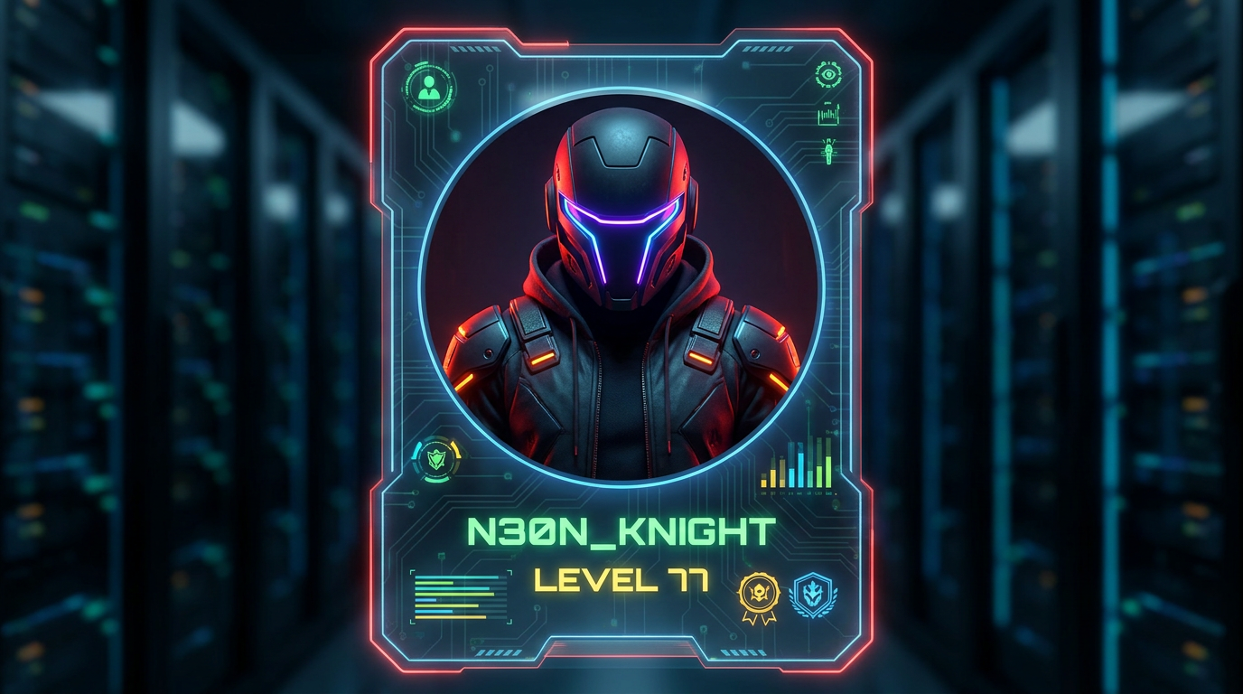 A cyberpunk gaming avatar generated by AI with glowing neon accents, a futuristic helmet and dramatic rim lighting, displayed inside a sleek gaming profile card UI