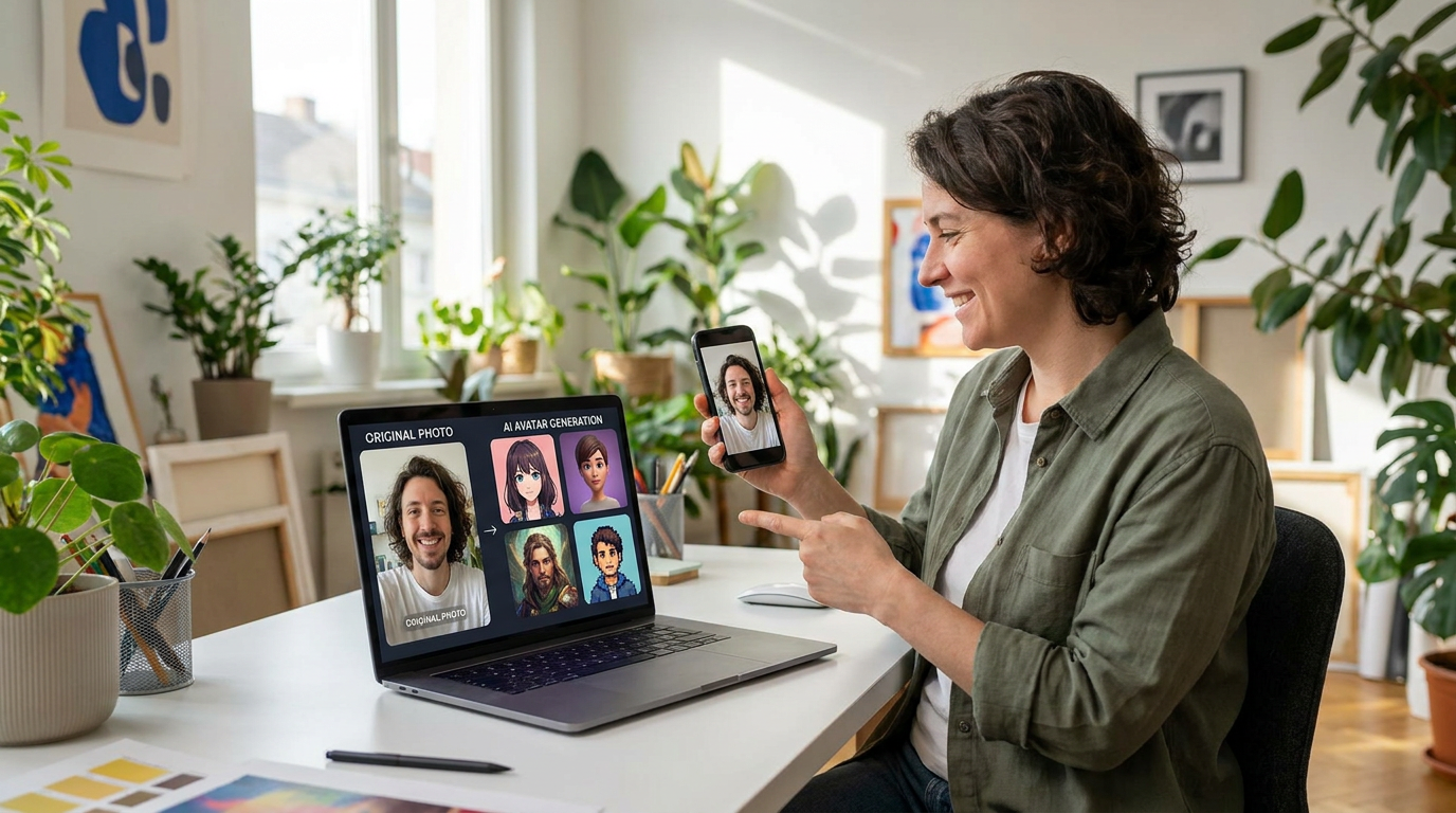 A person at a laptop in a bright modern studio comparing their selfie photo with a set of AI-generated stylized avatars on screen