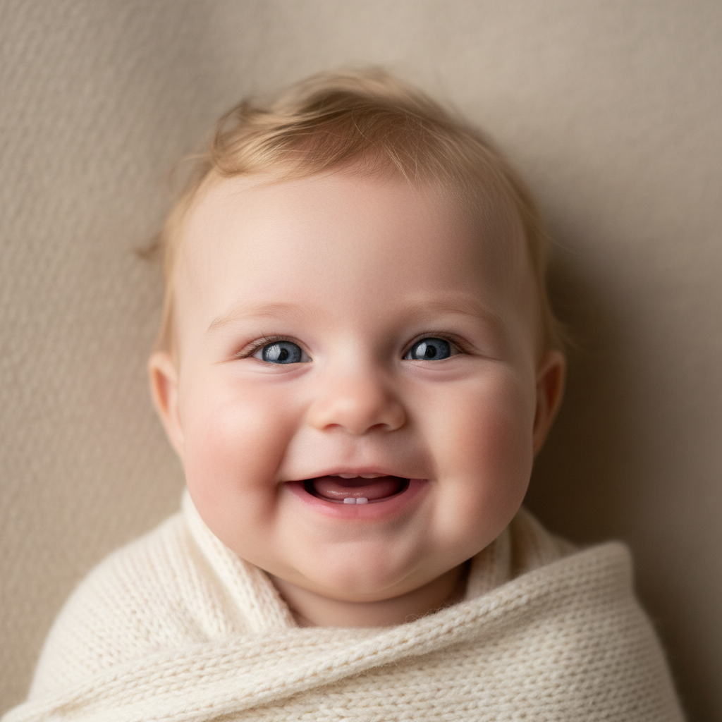 Adorable AI-generated baby portrait with big bright eyes and chubby cheeks on a soft neutral background