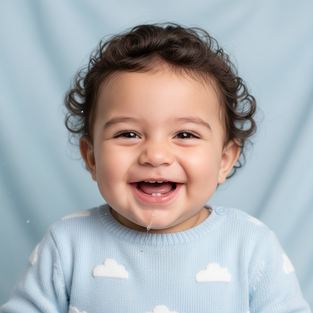 AI baby generator result of a laughing baby boy with soft curly dark hair and warm brown eyes on a pastel blue background