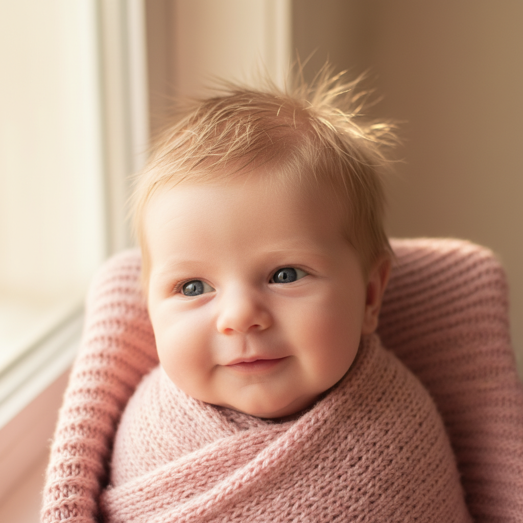 AI-generated baby girl with light wispy blonde hair and blue eyes wrapped in a soft pink blanket