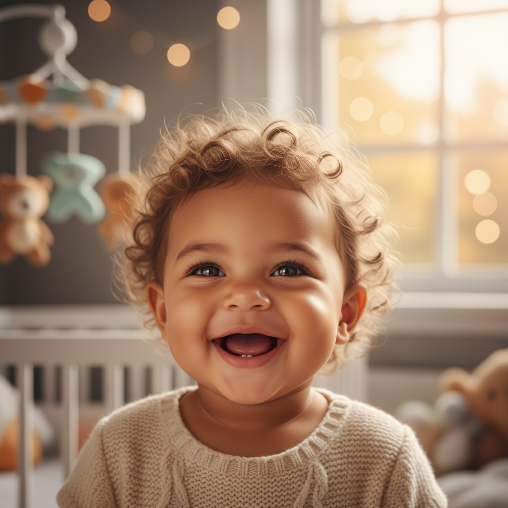 Photorealistic mixed-heritage AI baby with golden skin tone and soft curly hair in a sunlit nursery