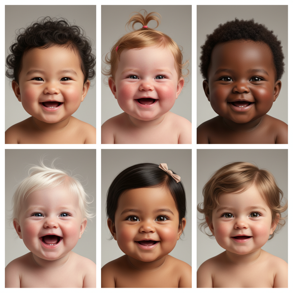 Gallery grid of six adorable AI-generated baby portraits with diverse features and hair colors